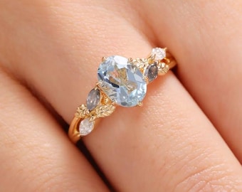 Oval Aquamarine Gold Plated Ring, Sterling Silver Art Deco Engagement Ring
