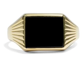 Natural Black Onyx Signet Ring for Men, Gold Plated 925 Sterling Silver Ring, Vintage Style Statement Ring, Minimalist Mens Jewelry Gift