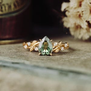 グリーンペアーの美しいサファイア（ラボ）ヴィンテージカードと、彼女への最高の記念日ギフト、925スターリングシルバーリング