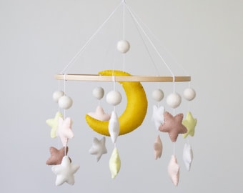 Handmade Felt Baby Mobile with Moon and Stars, Unique Nursery Decor