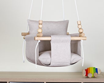 Beige Baby Swing, Fabric Outdoor Indoor Swing, Handmade Toddler Hammock Chair, Baptism Gift