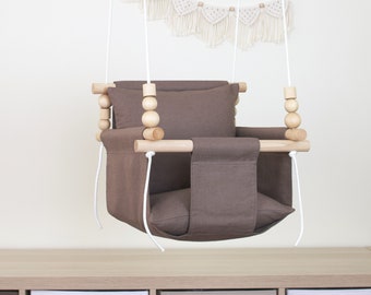 Brown Natural Linen Cotton High Back Baby Swing, Baby Hammock With Pillows, Outdoor Indoor Swing