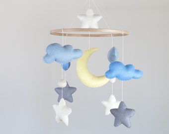 Felt Baby Mobile with Moon, Stars and Clouds, Nursery Decor