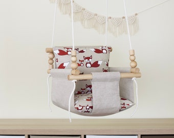 Linen High Back Baby Swing With Fox Pillows, Birthday Baby Gift