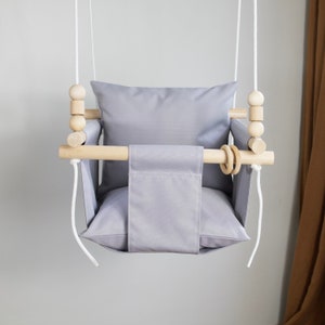 Gray Weatherproof Swing with Beads, Handmade Toddler Hammock Chair, Baby Christmas Gift 2 Pillows