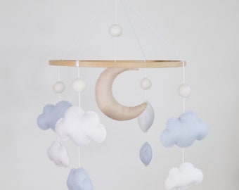 Handmade Felt Baby Mobile with Moon and Clouds, Unique Nursery Decor