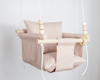 Pinky Beige Weatherproof Swing with Beads, Handmade Toddler Hammock Chair, Baby Christmas Gift