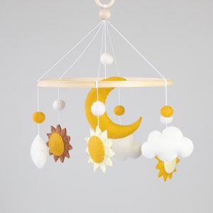 Handmade Felt Baby Mobile with Suns, Moon and Clouds, Unique Nursery Decor