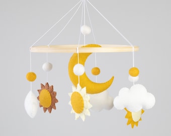 Handmade Felt Baby Mobile with Suns, Moon and Clouds, Unique Nursery Decor