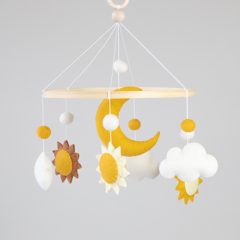 Handmade Felt Baby Mobile with Suns, Moon and Clouds, Unique Nursery Decor image 1