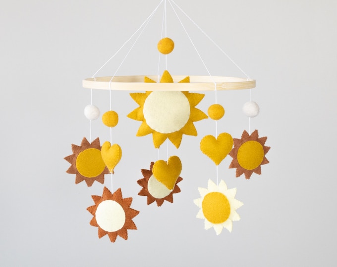 Handmade Felt Baby Mobile with Suns and Hearts, Unique Nursery Decor