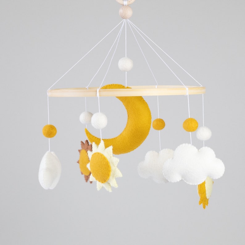 Handmade Felt Baby Mobile with Suns, Moon and Clouds, Unique Nursery Decor image 4