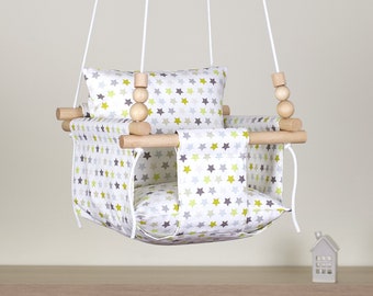 Stars Baby Swing, Fabric Outdoor Indoor Swing, Handmade Toddler Hammock Chair, Baptism Gift