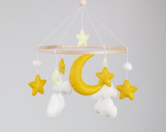 Handmade Felt Baby Mobile with Moon, Stars and Clouds, Unique Nursery Decor