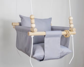 Gray Weatherproof Swing with Beads, Handmade Toddler Hammock Chair, Baby Christmas Gift