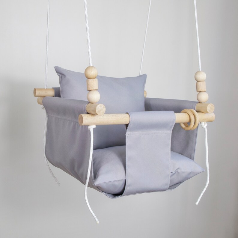 Gray Weatherproof Swing with Beads, Handmade Toddler Hammock Chair, Baby Christmas Gift image 1