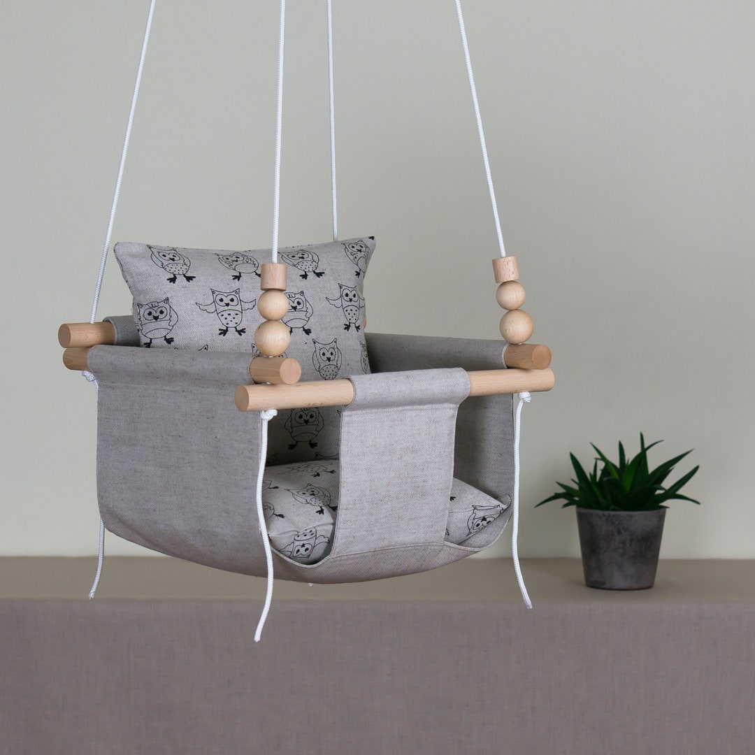 Linen Baby Swing With Owls Pillows Wooden Fabric Swing Etsy