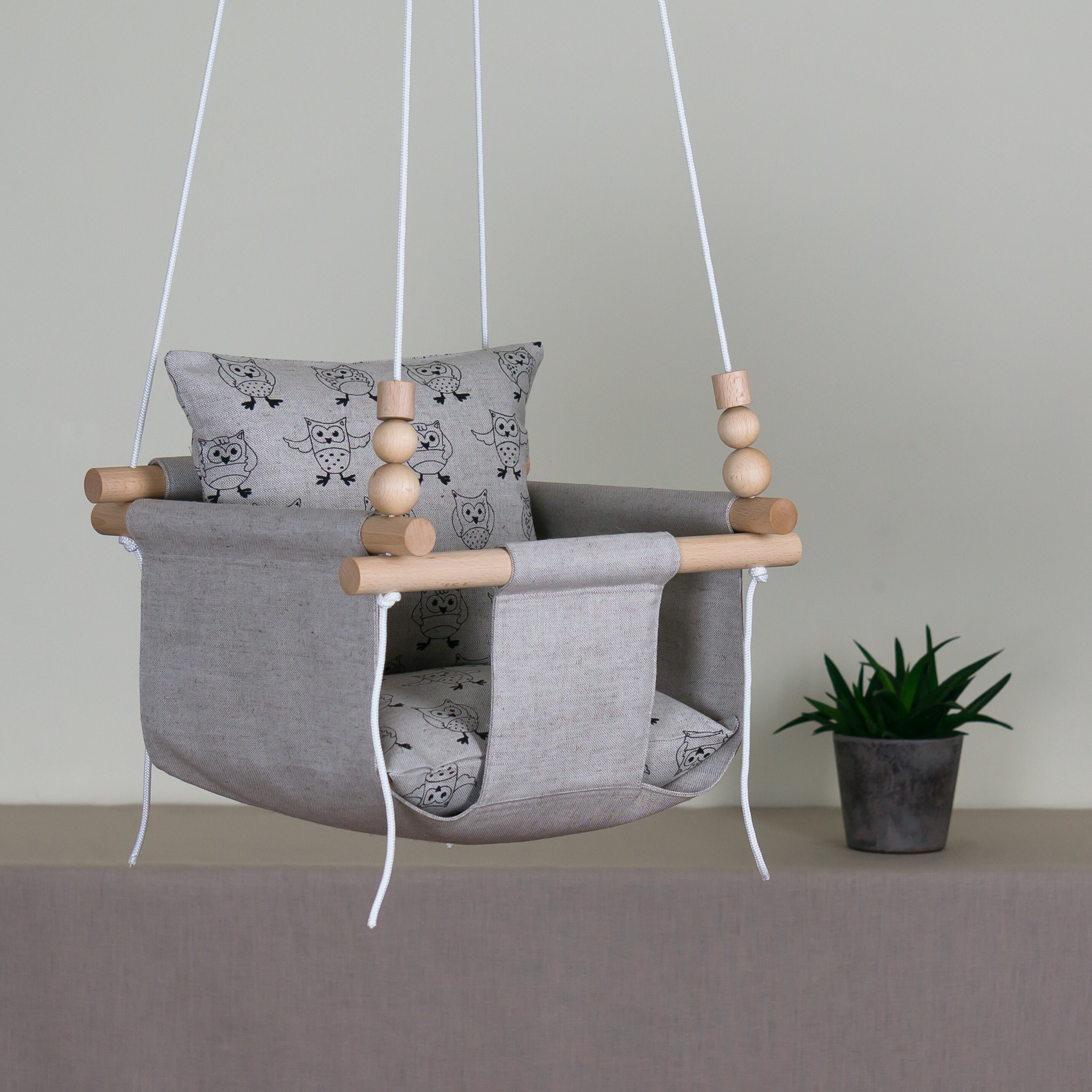 Linen Baby Swing With Owls Pillows Wooden Fabric Swing Etsy