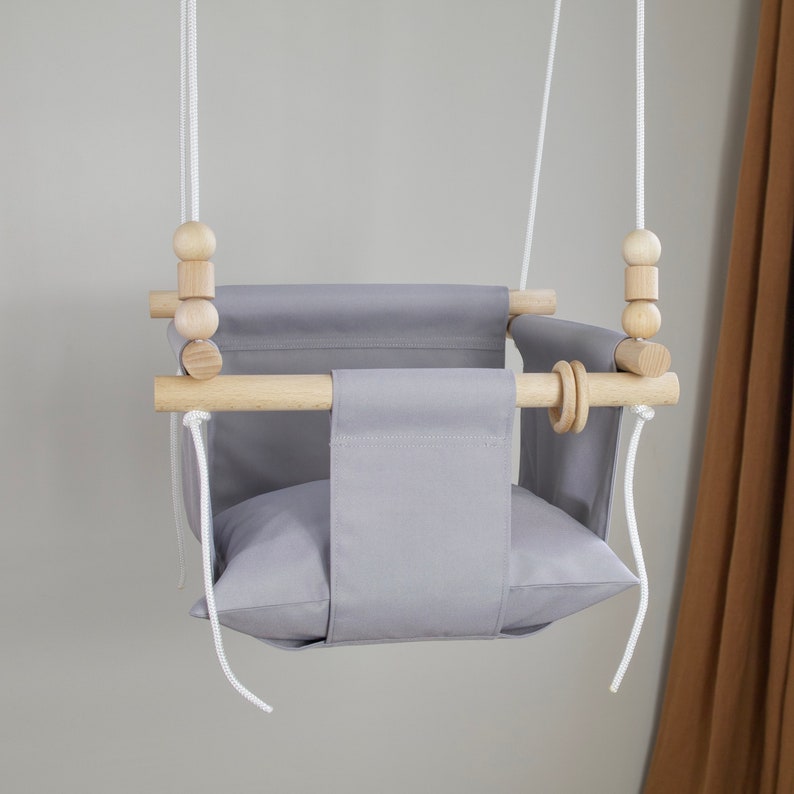 Gray Weatherproof Swing with Beads, Handmade Toddler Hammock Chair, Baby Christmas Gift 1 Pillow