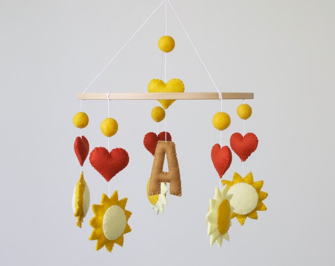 Personalised Felt Baby Mobile with Suns and Hearts, Unique Nursery Decor