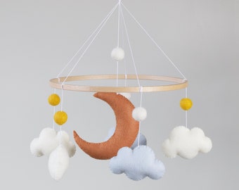 Handmade Felt Baby Mobile with Moon and Clouds, Unique Nursery Decor