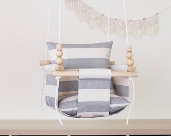 Grey Stripes Baby Swing, Striped Fabric Outdoor Indoor Swing