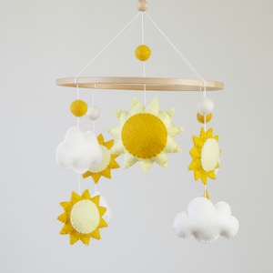 Handmade Felt Baby Mobile with Suns and Clouds, Yellow Nursery Decor, 2024 Christmas Gift