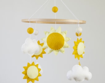 Handmade Felt Baby Mobile with Suns and Clouds, Yellow Nursery Decor, Christmas Gift