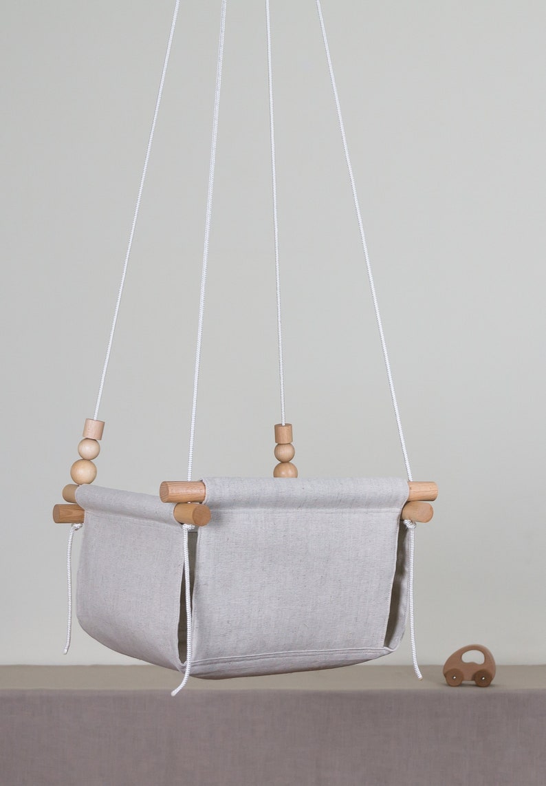 Linen Baby Swing With Cactus Pillows Wooden Fabric Swing Etsy