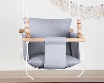 Light Grey Indoor Cotton Baby Swing with Pillows and Beads