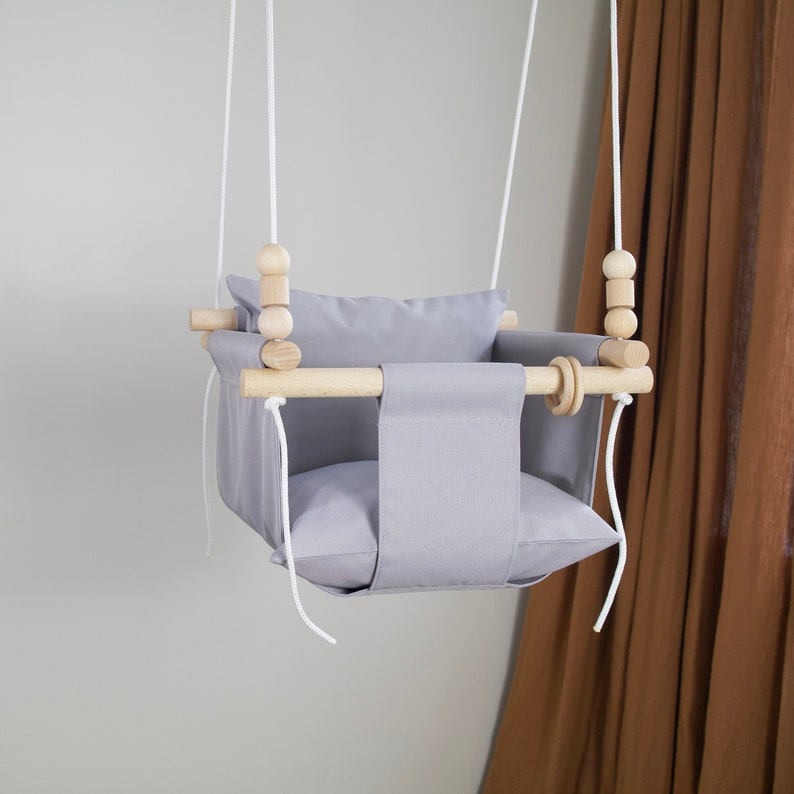 Gray Weatherproof Swing with Beads, Handmade Toddler Hammock Chair, Baby Christmas Gift image 3