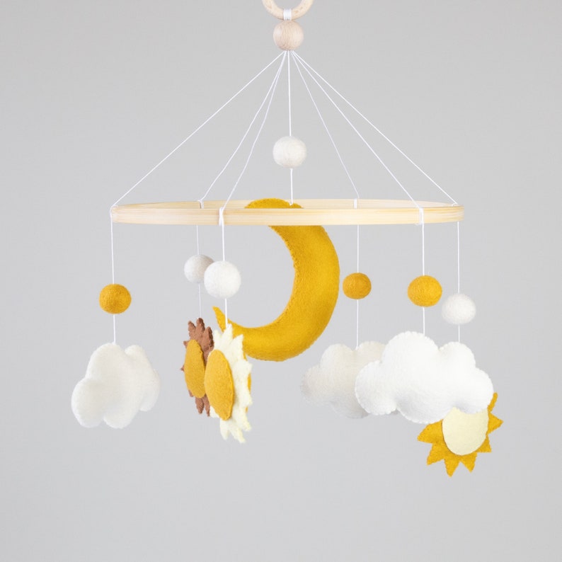 Handmade Felt Baby Mobile with Suns, Moon and Clouds, Unique Nursery Decor image 2