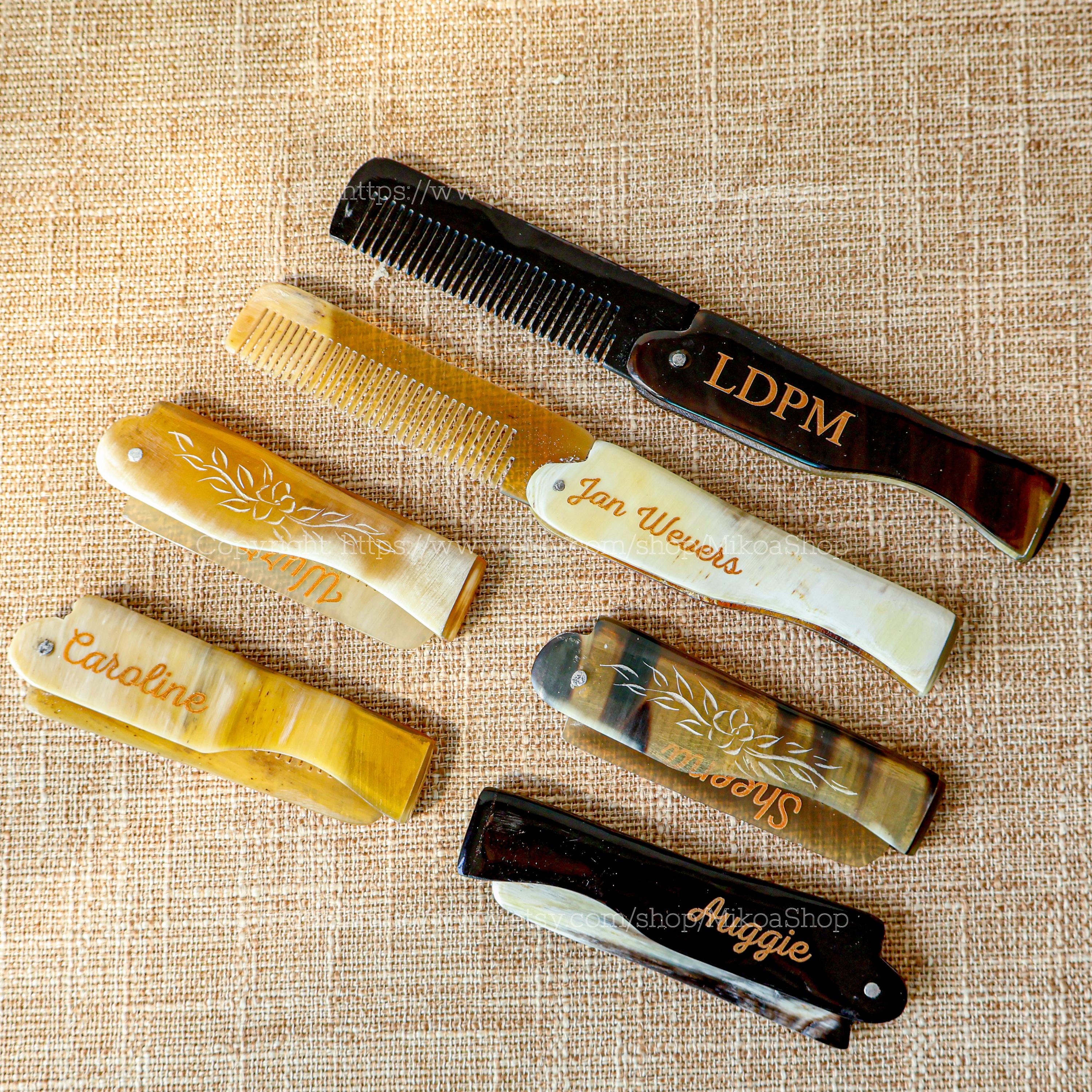 Middle Comb Engraved Name Flower Carving Pocket Comb Folding Yak Horn Comb, Compact ...