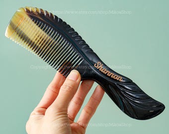Personalized Engraved Name Anti-Static Comb Natural Buffalo Hair Brush Comb Curly Curved Handle, Beard Comb, Stylized Comb Massage Cute Gift
