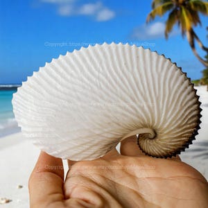 Peut inclure: Coquille nautile blanche avec une forme en spirale et une surface texturée. Le bord est brun foncé. L'arrière-plan montre une plage, un ciel bleu et des palmiers.