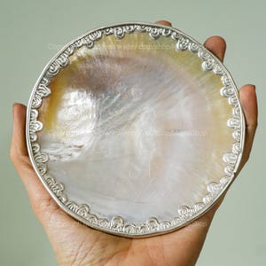 Op de afbeelding: Een ronde, iriserende parelmoeren plaat met een decoratieve zilverkleurige rand. De plaat wordt in een hand gehouden, waarbij de natuurlijke kleuren en texturen worden benadrukt. Het oppervlak van de plaat heeft een parelmoerglans.