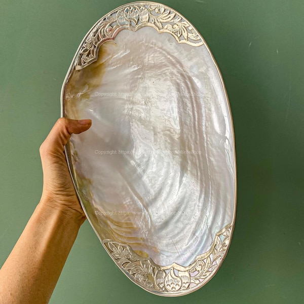 Peach Silver Copper Trim Symbol of Immortality and Wealth Dish Seashell Dish, Mother-of-Pearl Giant Shell Dish Home Decor Christmas Decor