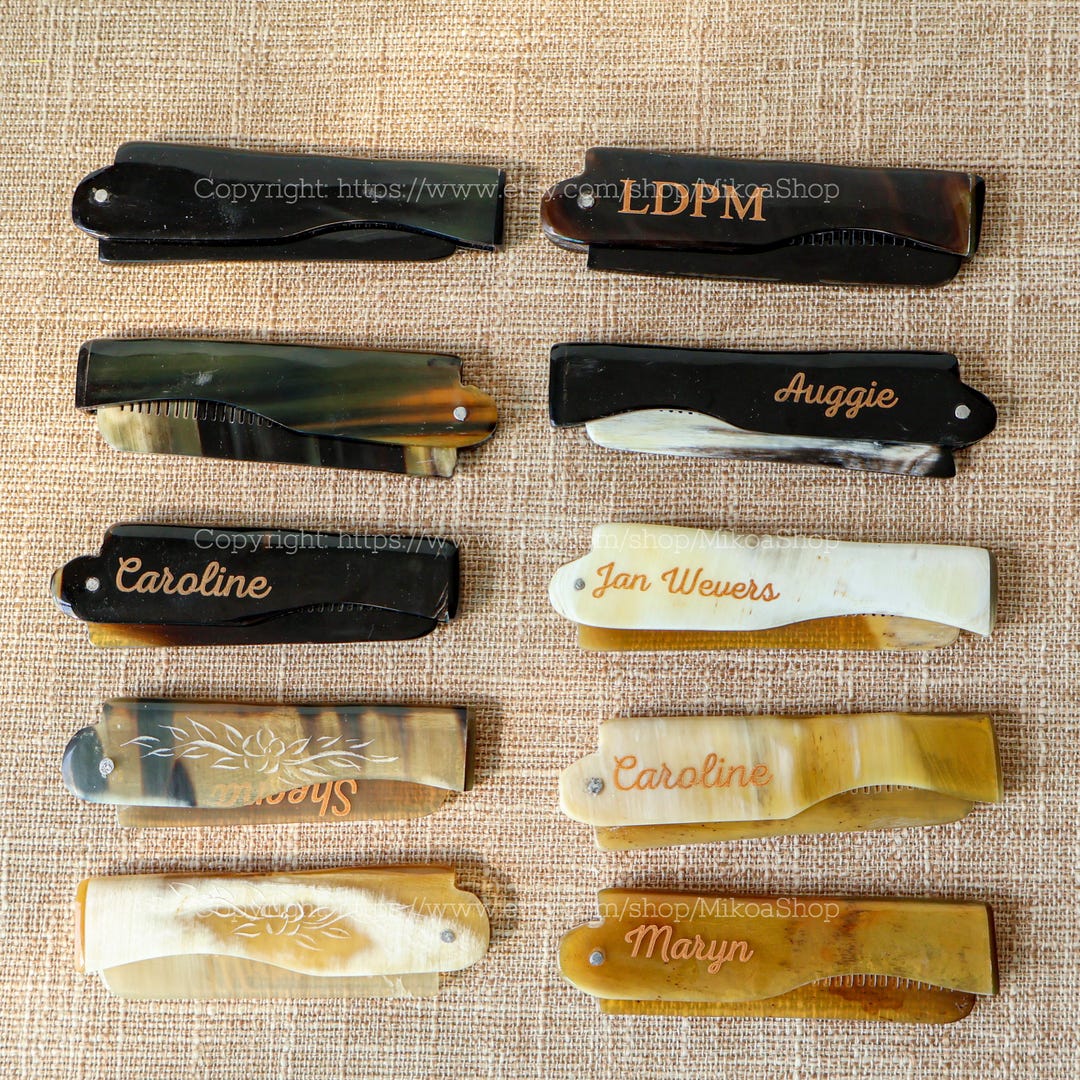 Middle Comb Engraved Name Flower Carving Pocket Comb Folding Yak Horn Comb, Compact ...