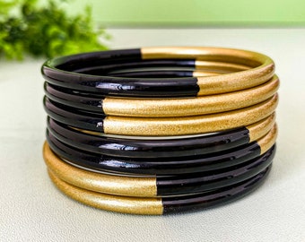 LUCKY Horn Lacquered Bracelet Set, Gold Color Mix Bracelet, Full Handmade Natural Buffalo Horn Jewelry, Set Bracelets, Horn Bracelet Bangle