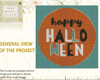 Happy Halloween - counted cross stitch PDF pattern chart, instant download, DMC thread, love anniversary gift, geometric ornaments, aida