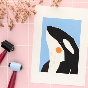 Colorful linocut print orca portrait A4, hand printed linoleum art for kids, killer whale wildlife illustration, brightly colored animals