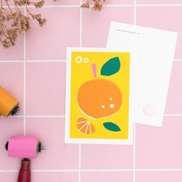 Bunter Linoldruck ABC Karte Orange, englische Buchstaben Lernkarte für Kinder, Lernspiel Alphabet, handgedruckter Linolschnitt A6 Format