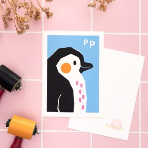 Colorful linocut print ABC card penguin, letter learning card for kids, educational flashcard alphabet, hand printed classroom decor A6