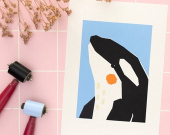 Colorful linocut print orca portrait A4, hand printed linoleum art for kids, killer whale wildlife illustration, brightly colored animals