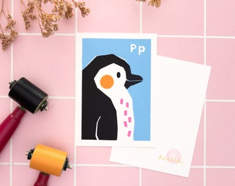 Colorful linocut print ABC card penguin, letter learning card for kids, educational flashcard alphabet, hand printed classroom decor A6