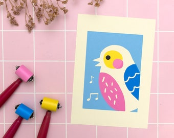 Colorful linocut print bird portrait, hand printed linoleum art for kids, naive wildlife illustration, brightly colored animals