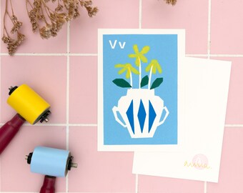 Colorful linocut print ABC card vase, letter learning card for kids, educational flashcard alphabet, hand printed classroom decor A6 size