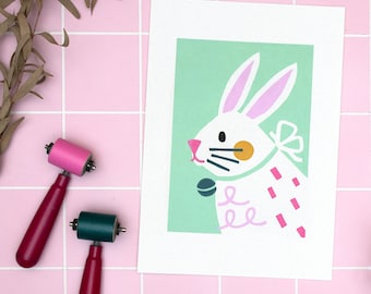 Colorful linocut print rabbit portrait spring, hand printed linoleum art for kids, naive pet illustration, brightly colored animals