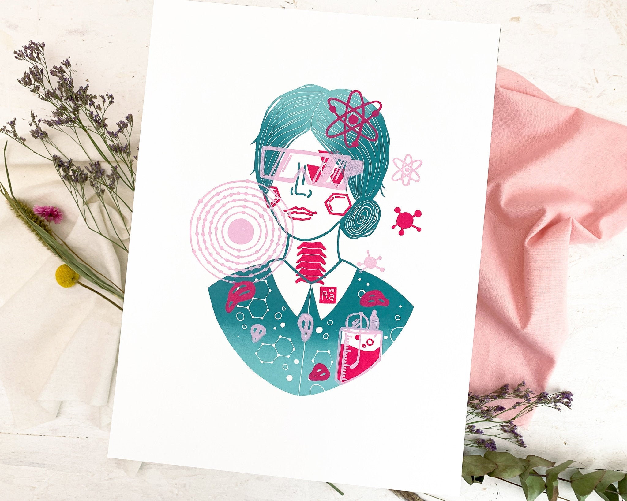 Linoleum Print Science Marie Curie Chemistry Lino Etsy