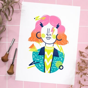 Linoprint 80s retro girl, 30x40 wall decoration portrait synth wave, original memphis design art woman colorful linoleum, neon funk disco